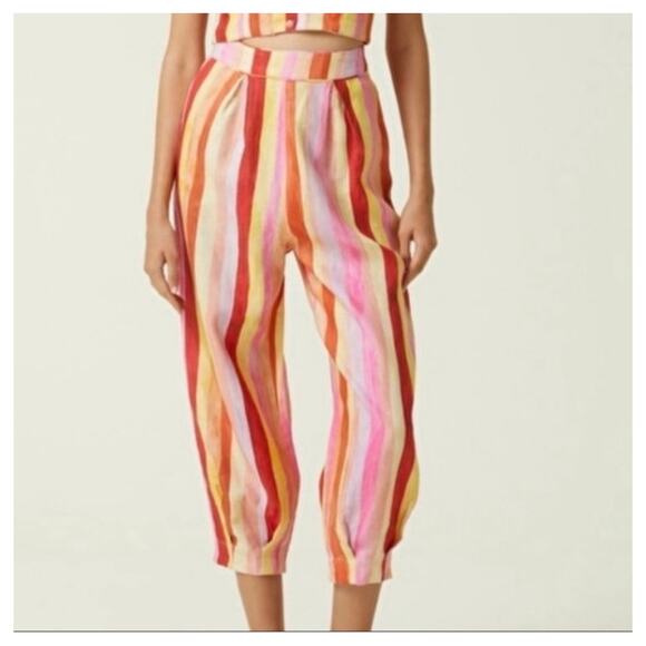 Farm Rio Sunny Stripe Linen Balloon Pants Pink Orange Pockets Sz XS - Picture 2 of 11